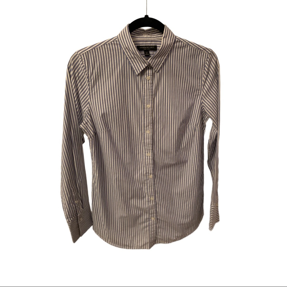 Blue and white stripped Banana Republic button down collared long sleeved shirt